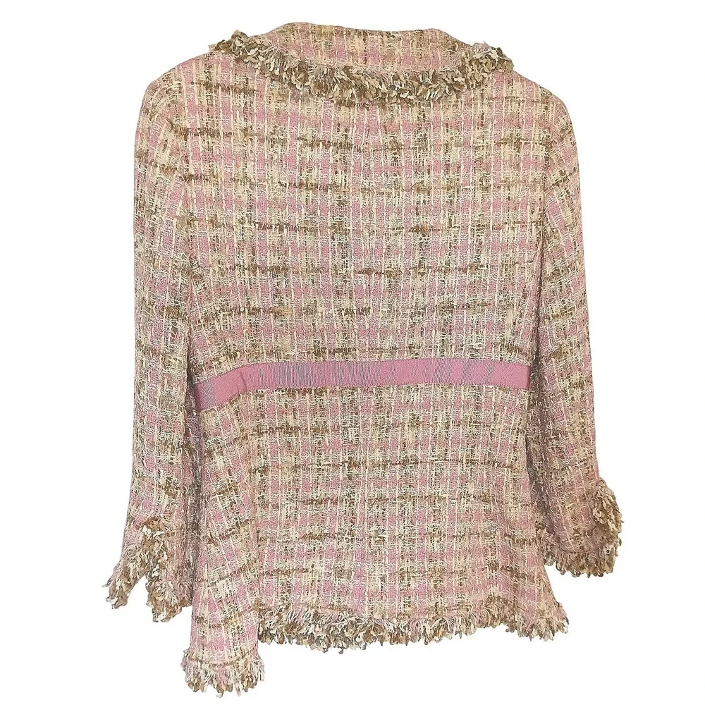 JÔN Pink Tweed Skirt Suit Set Jacket 10 Skirt 6 Fringe Trim‎ Bow